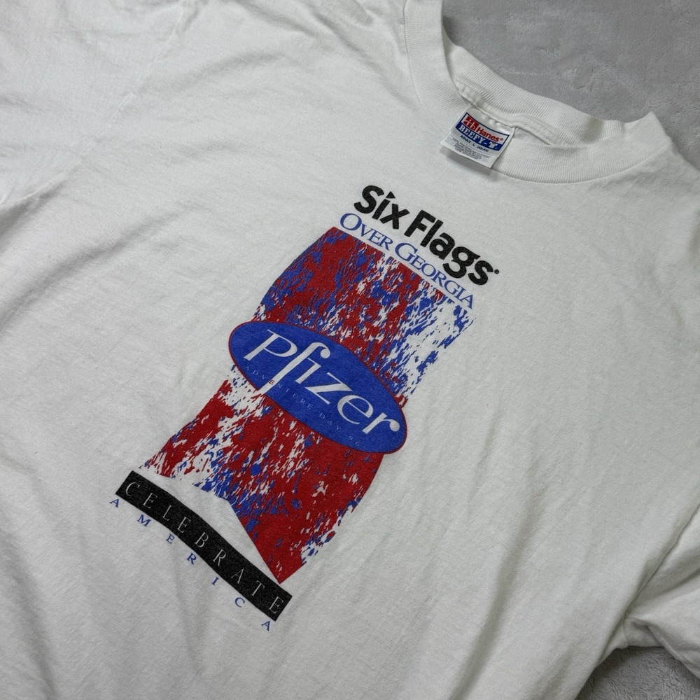 Vintage 1996 Six Flags Pfizer Celebrate America Tee‎ Shirt L Single Stitch